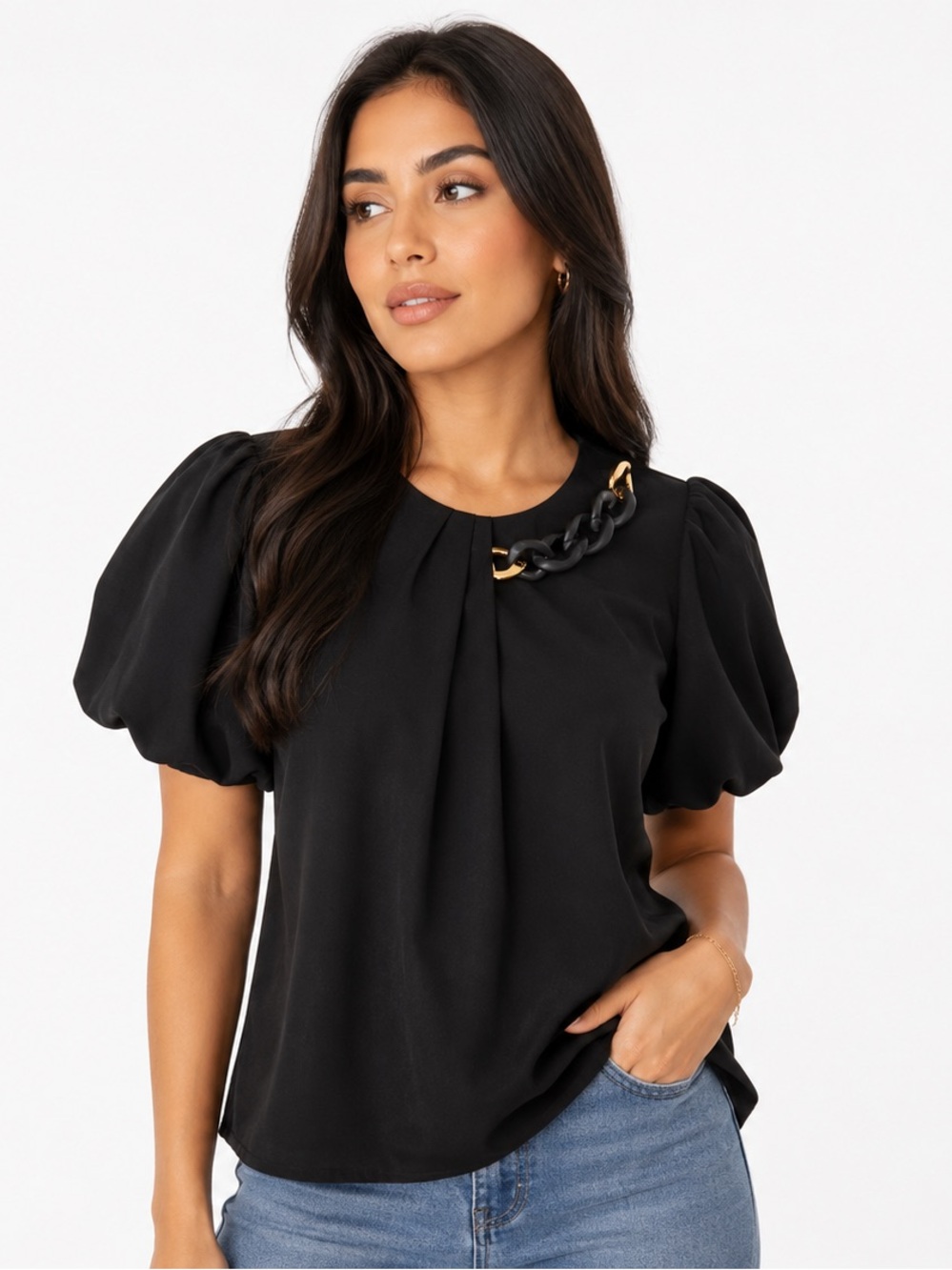 INA Puff Sleeve Black Blouse with Chain Detail